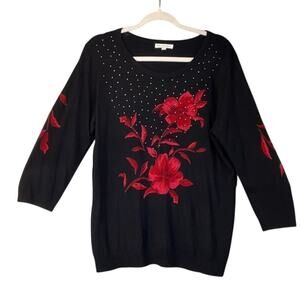 Emily Daniels Women’s Black XL Acrylic Pullover Red Flor Rhinestone 3/4 Sleeves